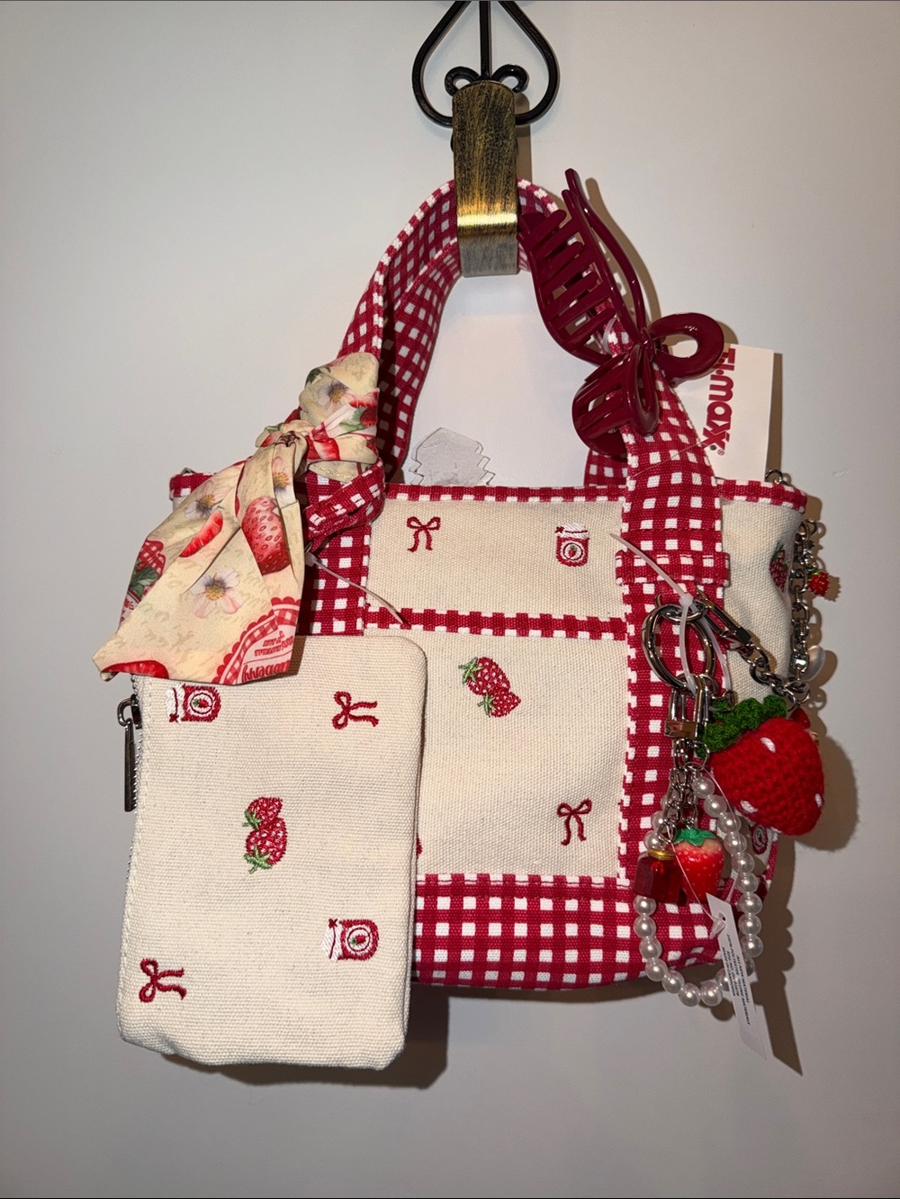 NWT-Madden Girl Red & Cream Strawberry Embroidered Crossbody Bag